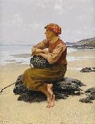August Hagborg Sittande ostronplockerska pa stranden Spain oil painting artist